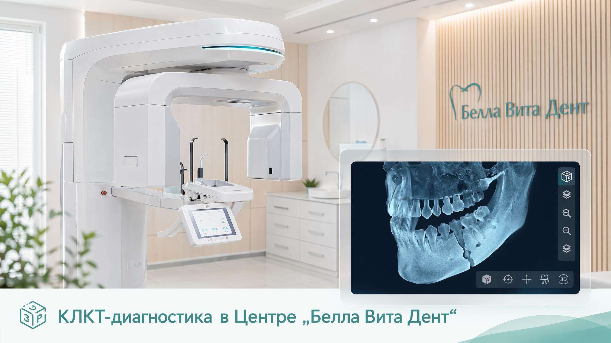 КЛКТ-аппарат в Центре «Белла Вита Дент» и анонимный пример 3D-снимка челюсти для диагностики перелома