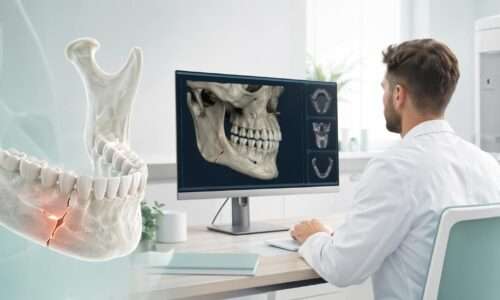Врач анализирует 3D-снимок челюсти рядом с анатомической моделью нижней челюсти с обозначенной зоной перелома
