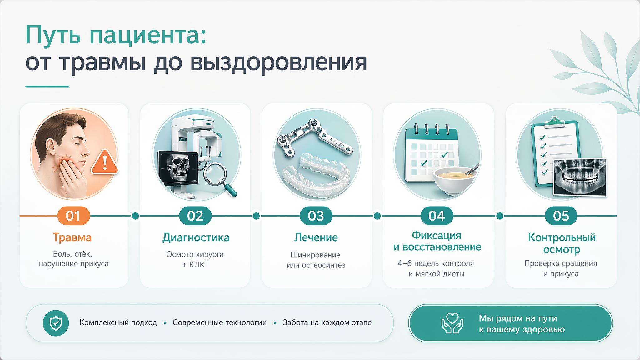 Инфографика «Путь пациента от травмы челюсти до выздоровления» с этапами диагностики, лечения, фиксации и контрольного осмотра
